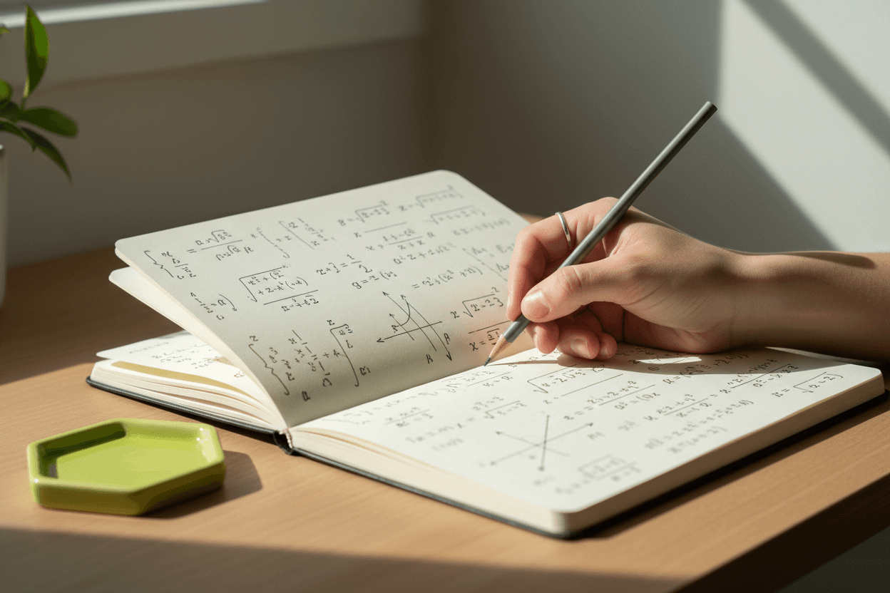 A student working through a problem by hand in a notebook